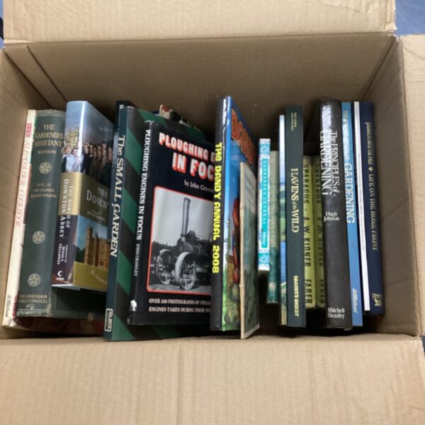 Vintage gardening book collection including 'The Small Garden'.