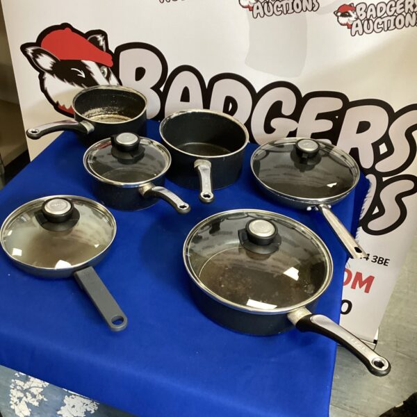 Close-up of Tefal pans set with glass lids.
