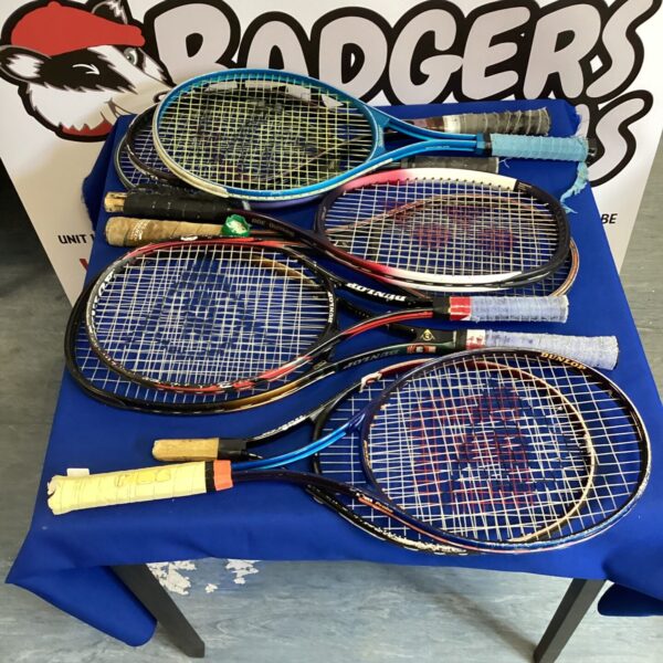 Mixed lot of tennis rackets from Yonex, Slazenger and Dunlop.