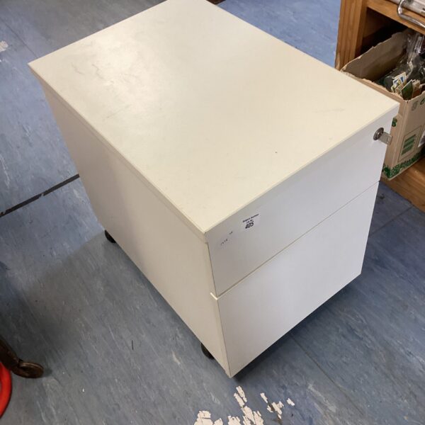 Silver metal filing cabinet with two drawers for office storage.