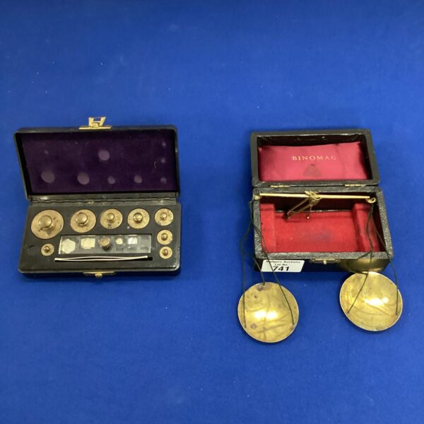 Vintage Binomag weighing scale with brass weights in wooden case.