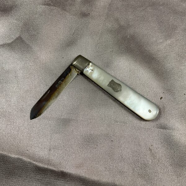 Vintage silver fruit knife with iridescent mother of pearl handle.