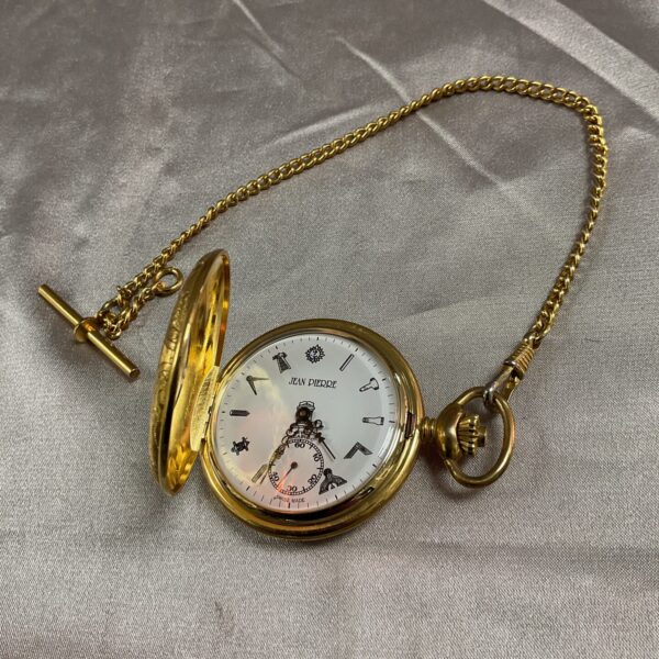 Antique Jean Pierre masonic pocket watch with chain and fob.
