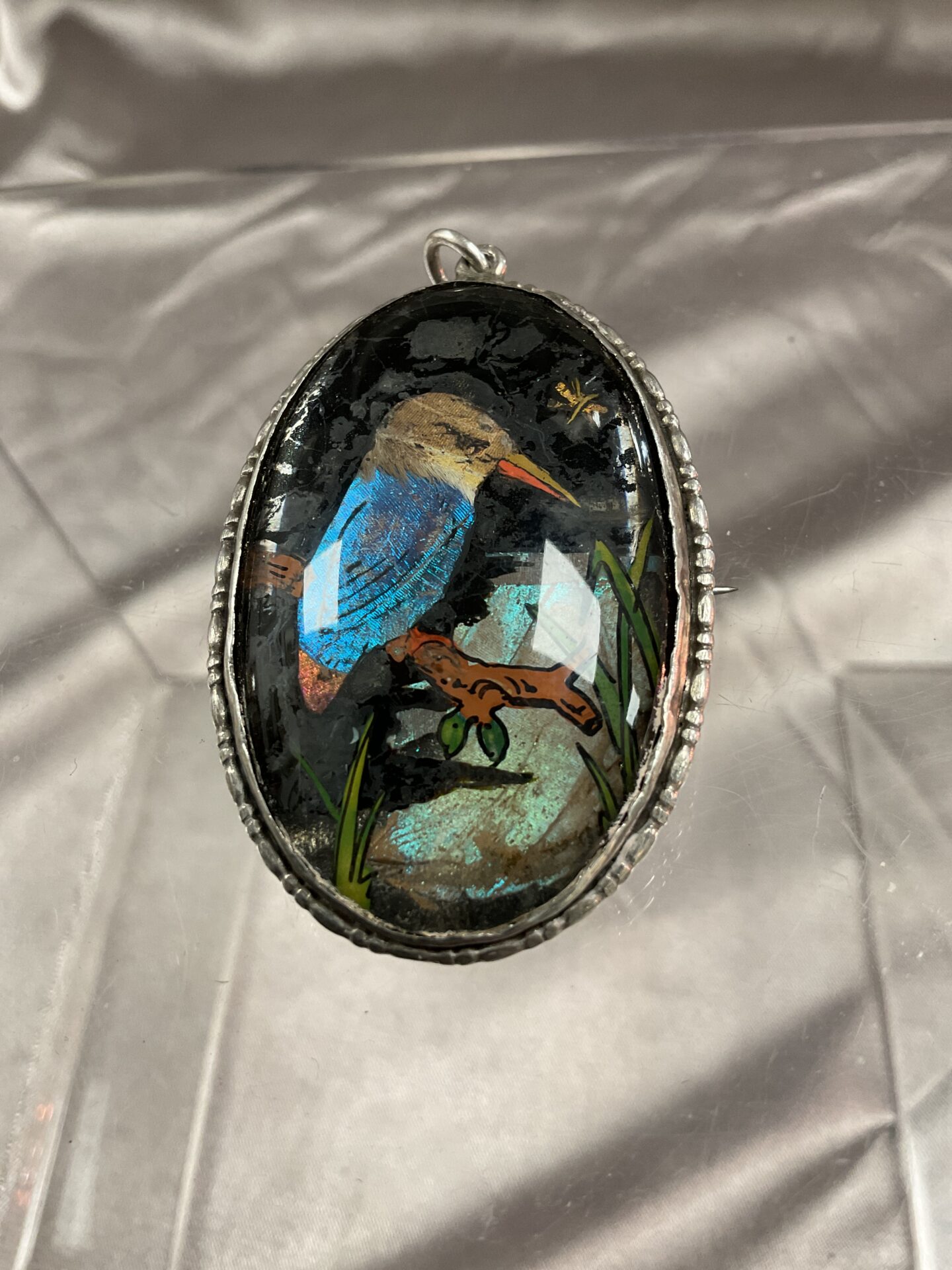 806 large 2″ sterling silver 1930s kingfisher butterfly wing brooch with patent number