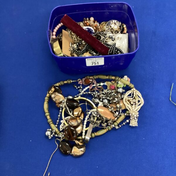 Assortment of vintage costume jewellery including necklaces and brooches.