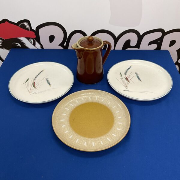Vintage Denby pottery plates and coffee pot set.