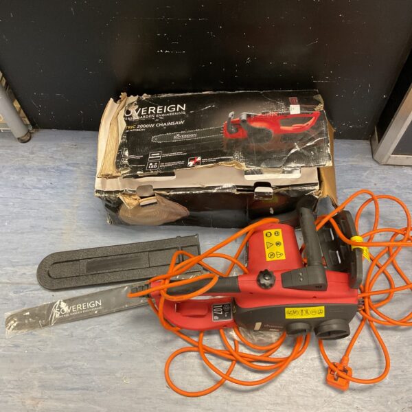 Front view of a used Sovereign electric chainsaw.
