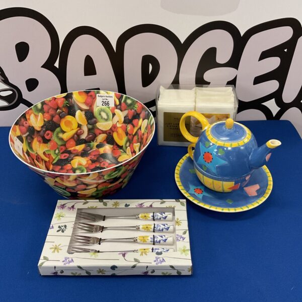 Colourful Whittard tea for one set with fruit bowl and cake forks.