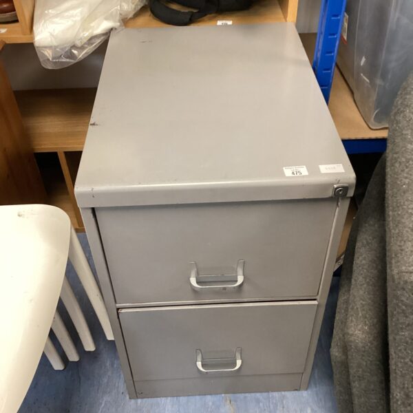 Silver metal filing cabinet with two drawers, vintage office storage.