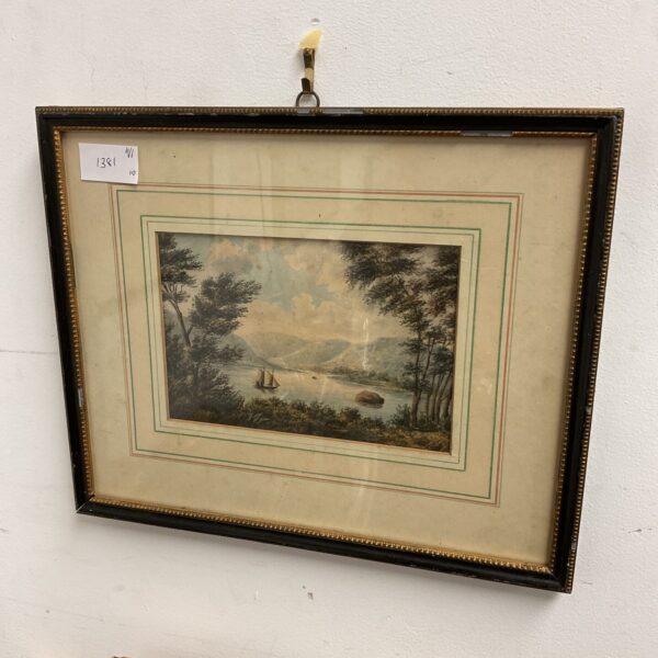 Antique 18th-century watercolour painting of a colonial scene with a sailboat.