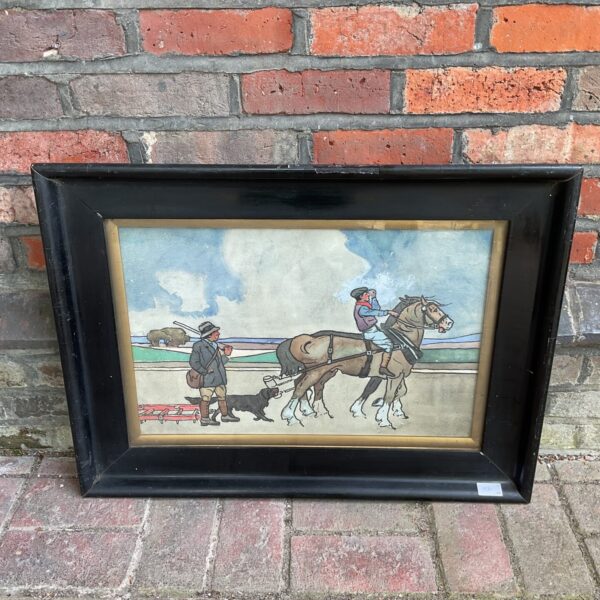 Early 20th century watercolour painting of ploughman and huntsman.