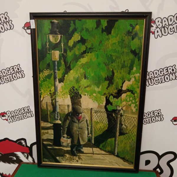 Vintage oil painting of an old gentleman with shopping bag.