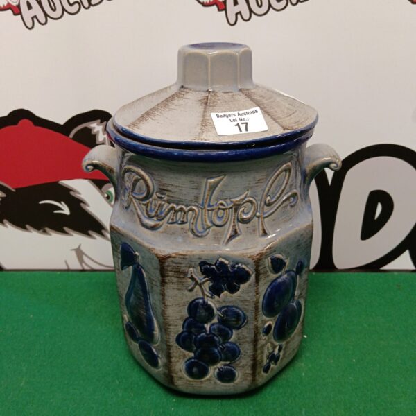 Blue glazed West German Rumtopf stoneware jar for preserving fruit.