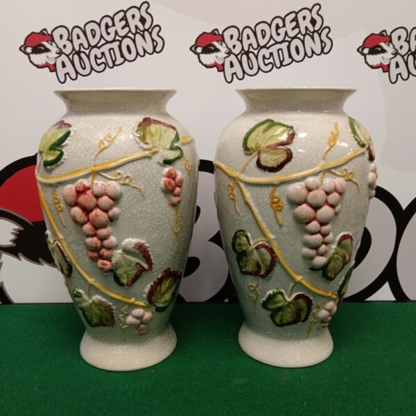 Pair of vintage crackle glaze ceramic grape vases.