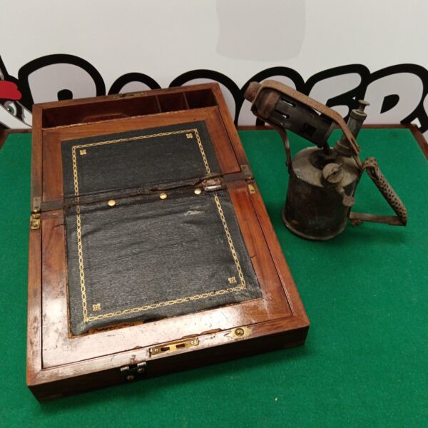 Vintage writing slope with inlaid design, antique wooden box.