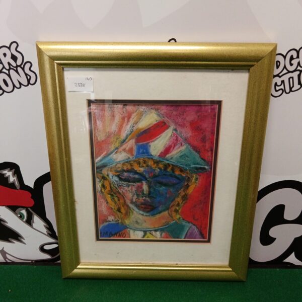 Vibrant pastel painting of a colourful clown in a frame.
