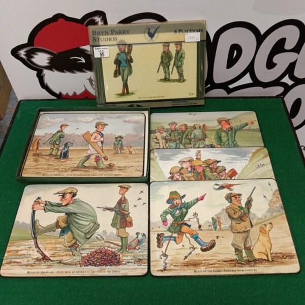 Vintage Bryn Parry placemats featuring detailed hunt scene illustrations.