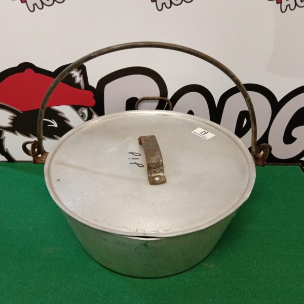 Large aluminium jam pan with copper handle for preserving.