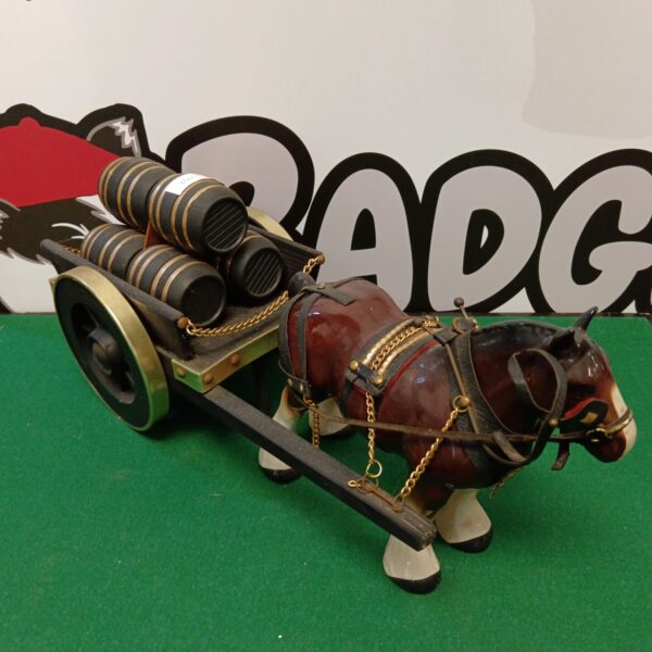 Vintage Wilmar ceramic horse pulling a wooden cart.