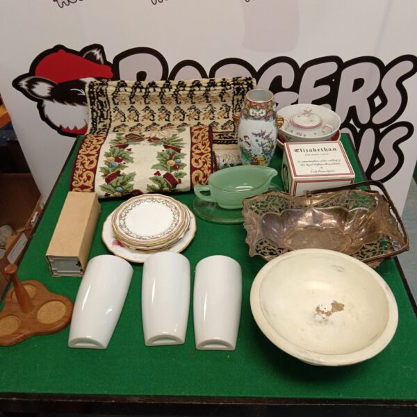 Mixed lot of vintage collectibles with oriental vase and ceramics.