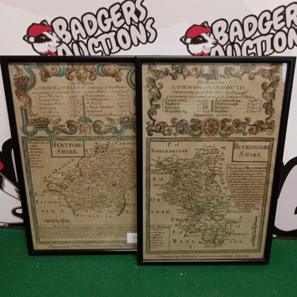 Vintage framed map prints of Buckinghamshire and Hertfordshire for collectors.