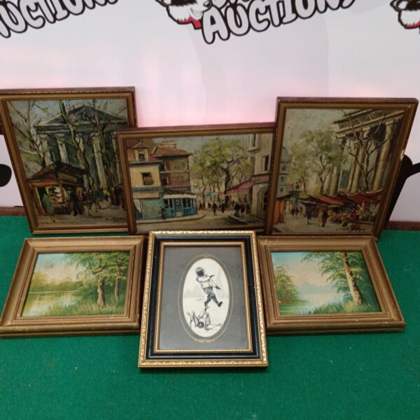 Collection of framed oil painting miniatures with landscape and figure scenes.