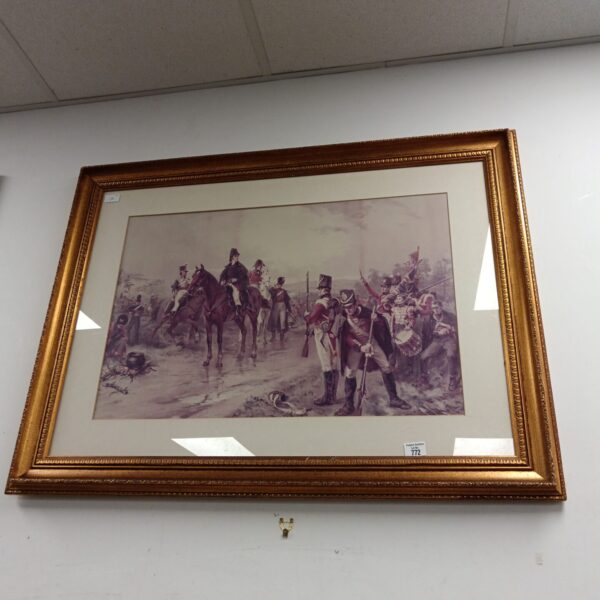 Large gilt-framed print of Duke of Wellington at the Battle of Waterloo.