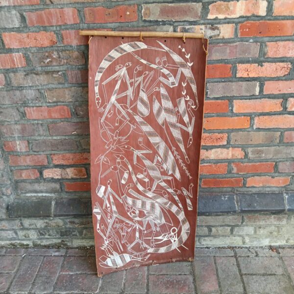 Vintage Oenpelli bark painting depicting Mimi spirits in traditional style.