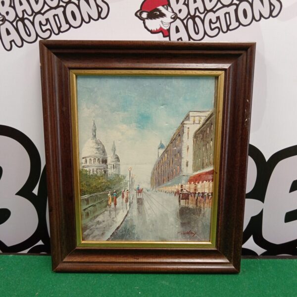 Signed vintage oil painting of a continental street scene.