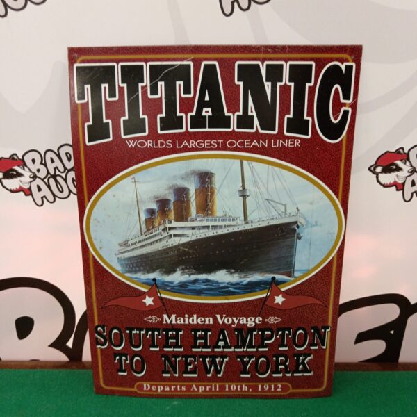 Vintage Titanic maiden voyage sign, colourful ocean liner advertising.