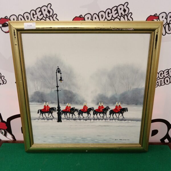 Original oil painting of the Queen's Guard in a winter landscape by H Mann.