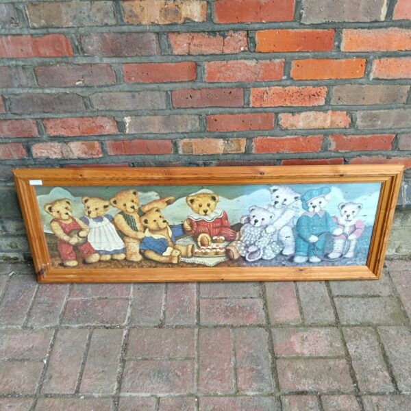 Vintage teddy bear print in a pine frame, charming bear artwork.