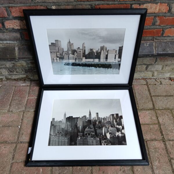 Framed New York City skyline prints, vintage cityscape wall decor.