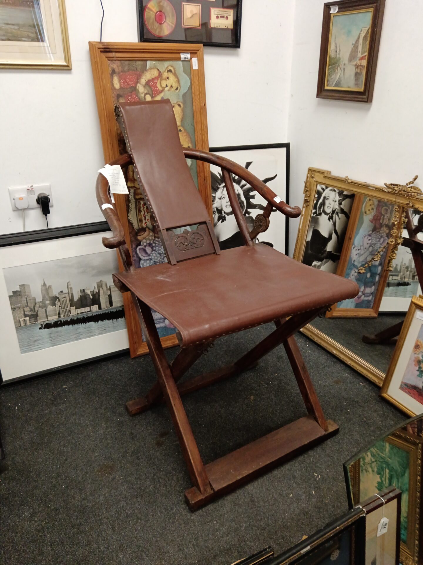 799 Vintage Chinese Hangzhou style folding armchair with leather seat