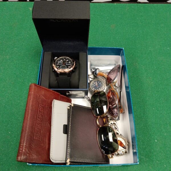 Mixed lot of fashion accessories including a RocaWear watch and sunglasses.