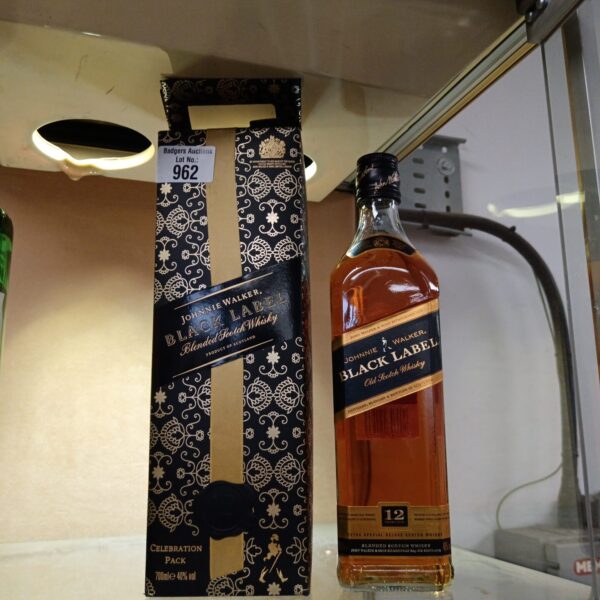 Bottle of Johnnie Walker Black Label blended Scotch whisky in gift box.