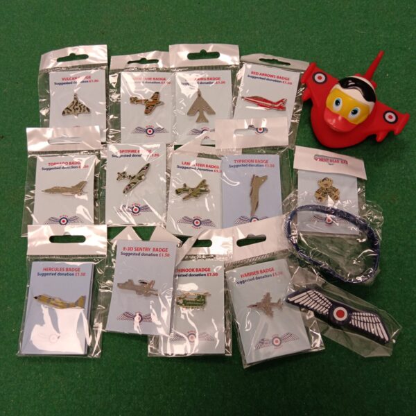 Collection of Royal Air Force pin badges and a rubber duck.