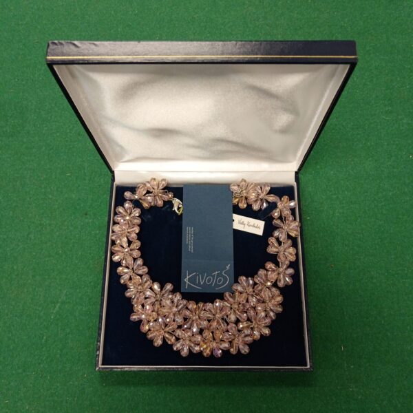 Stunning pink crystal necklace by Kivotos in its original box.