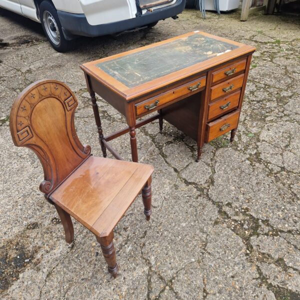 Antique Edwardian mahogany writing desk and Victorian hall chair set.