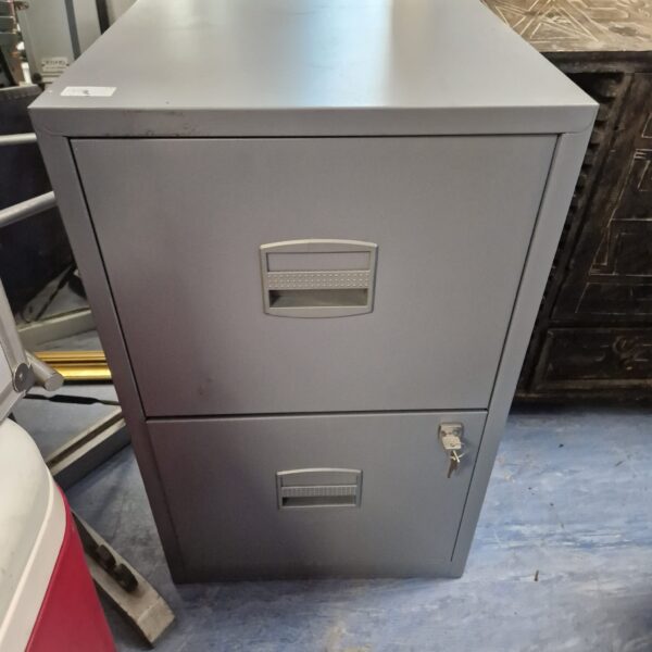 Grey metal two-drawer filing cabinet for office document storage.