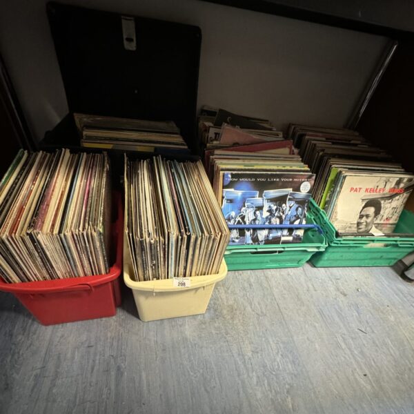 Five boxes of vintage jazz vinyl records for collectors.