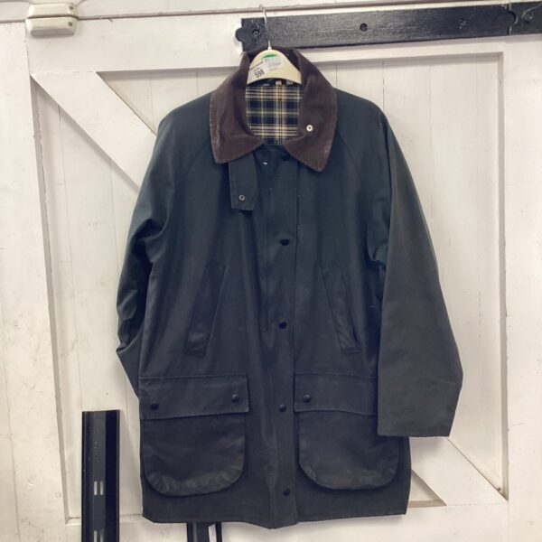 Classic wax jacket, front view, Barbour style country wear.