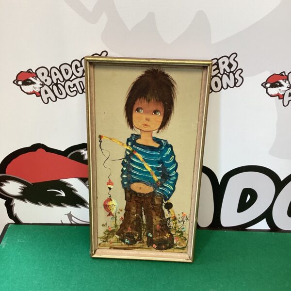 Original oil painting of a wide eyed boy in folk art style.