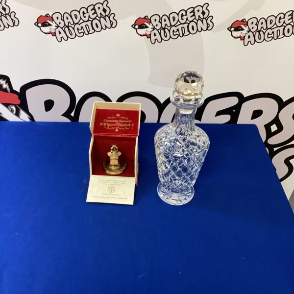 Queen Elizabeth II Coronation souvenir bell and crystal decanter set.