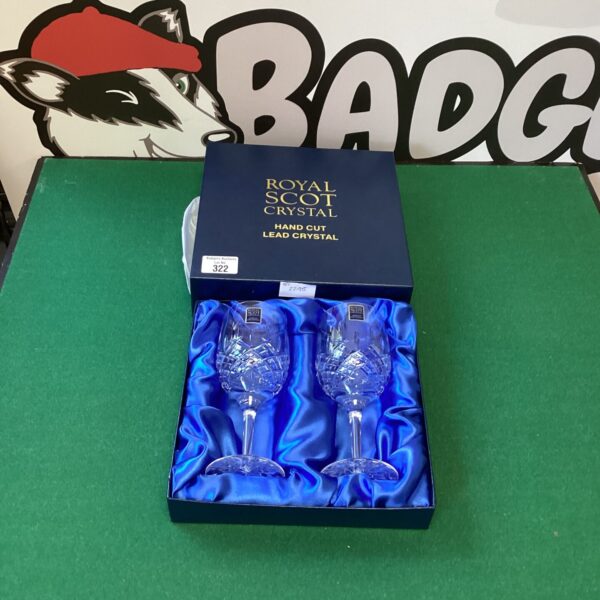 Royal Scot Crystal wine goblets in presentation case, elegant glassware.