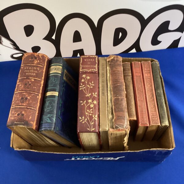Antique poetry books with leather bindings in a collection.