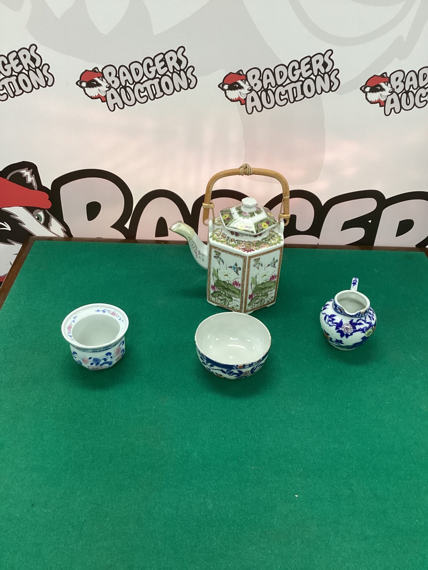 354 Antique Ming Lotus Japanese Tea Pot plus three other china pots
