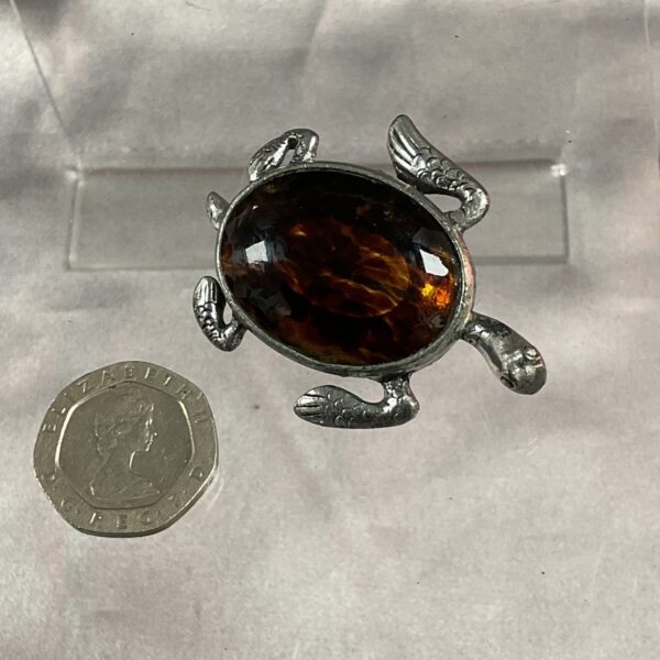 Vintage amber turtle brooch, detailed silver wings, collectible jewellery.