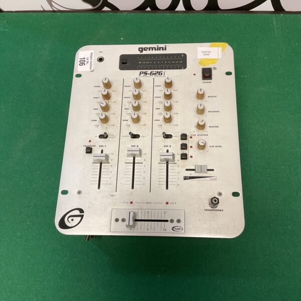 Vintage Gemini PS-626i 3-channel stereo mixer, side view.