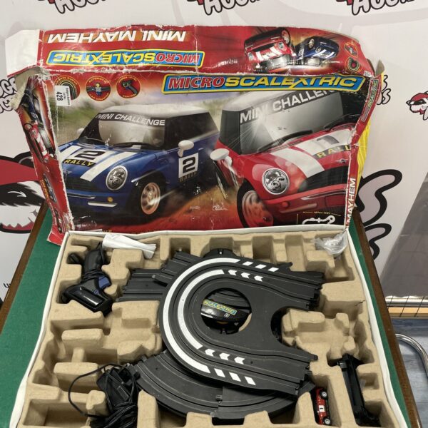 Micro Scalextric Mini Mayhem set in box, collectible toy cars.